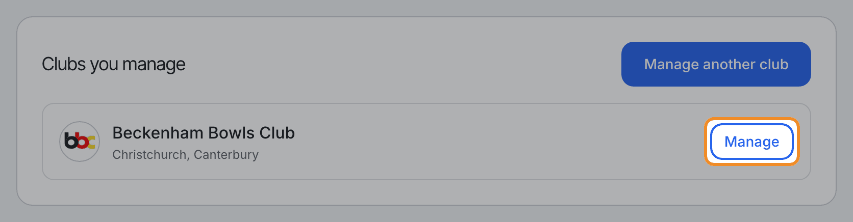 The Clubs you manage list, with the Manage button ringed