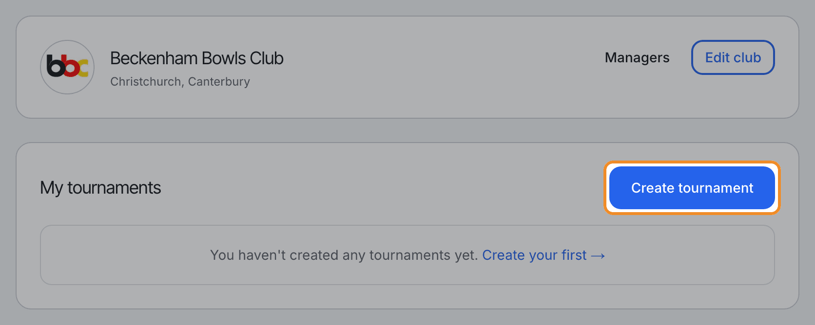 The club dashboard, with the Create tournament button ringed